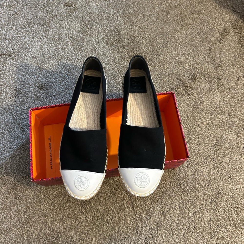 Tory Burch Black and White Espadrilles Slip-On Shoes